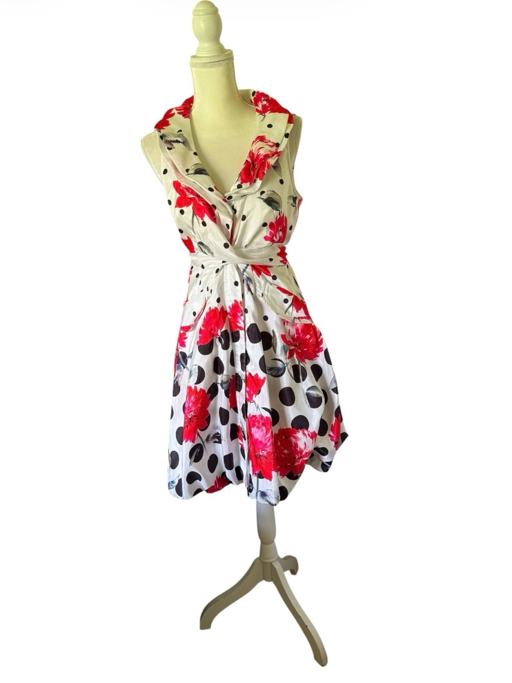 Samuel Dong White Midi Dress with Red Floral and Black Polka Dots